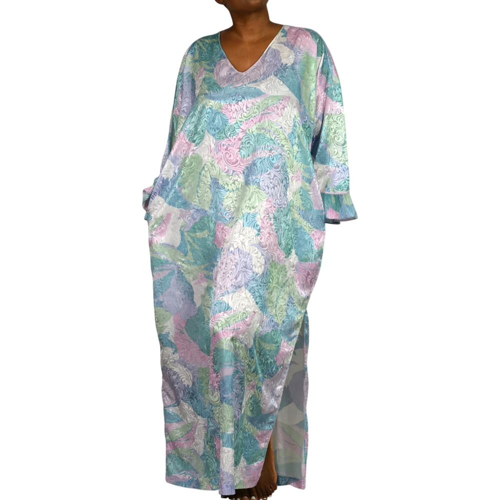Vintage Mary McFadden Caftan Dress Blue Pastel Silky Satin Lounger Maxi One Size